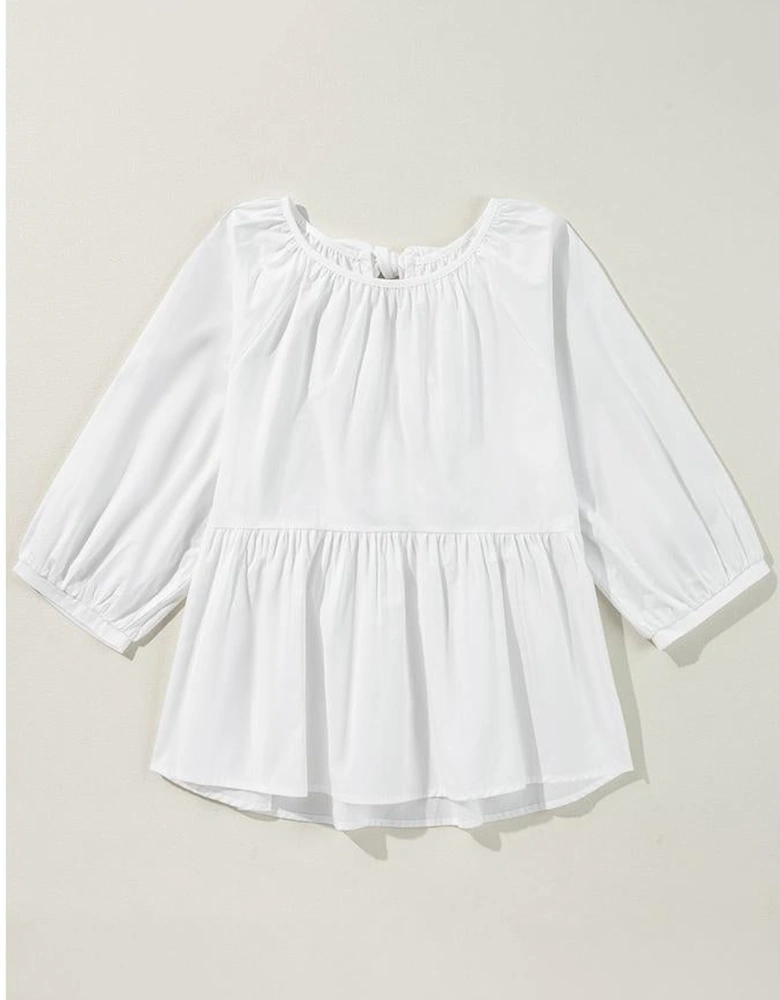 White Bow Knot Cutout Back Loose Fit 3/4 Sleeve Blouse