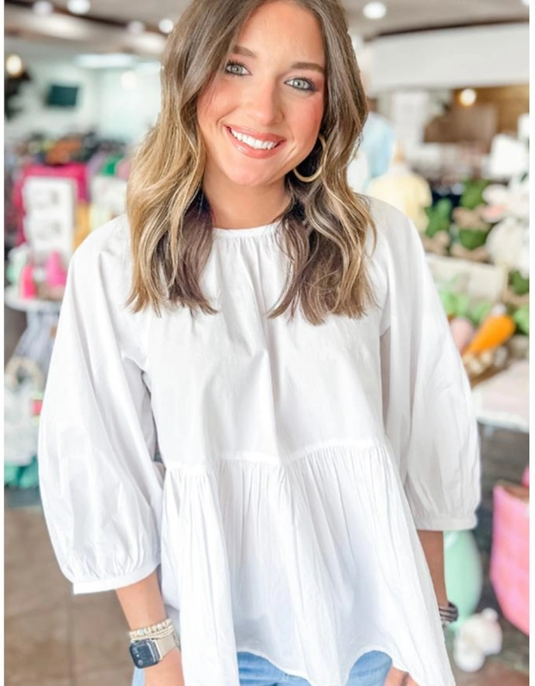 White Bow Knot Cutout Back Loose Fit 3/4 Sleeve Blouse