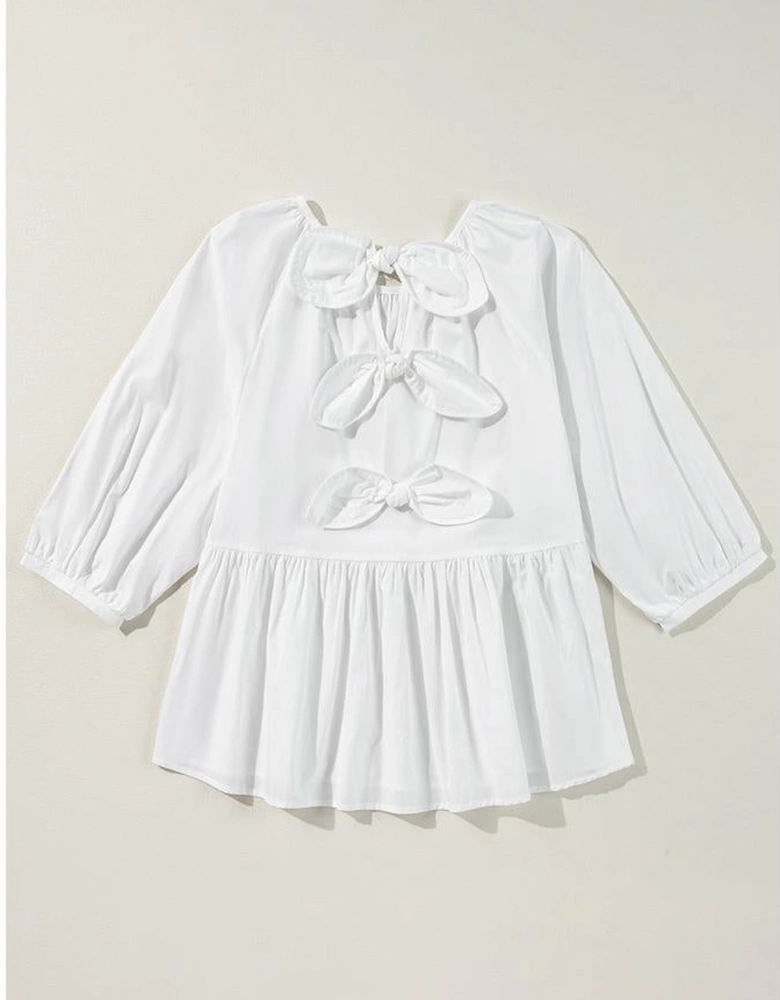 White Bow Knot Cutout Back Loose Fit 3/4 Sleeve Blouse