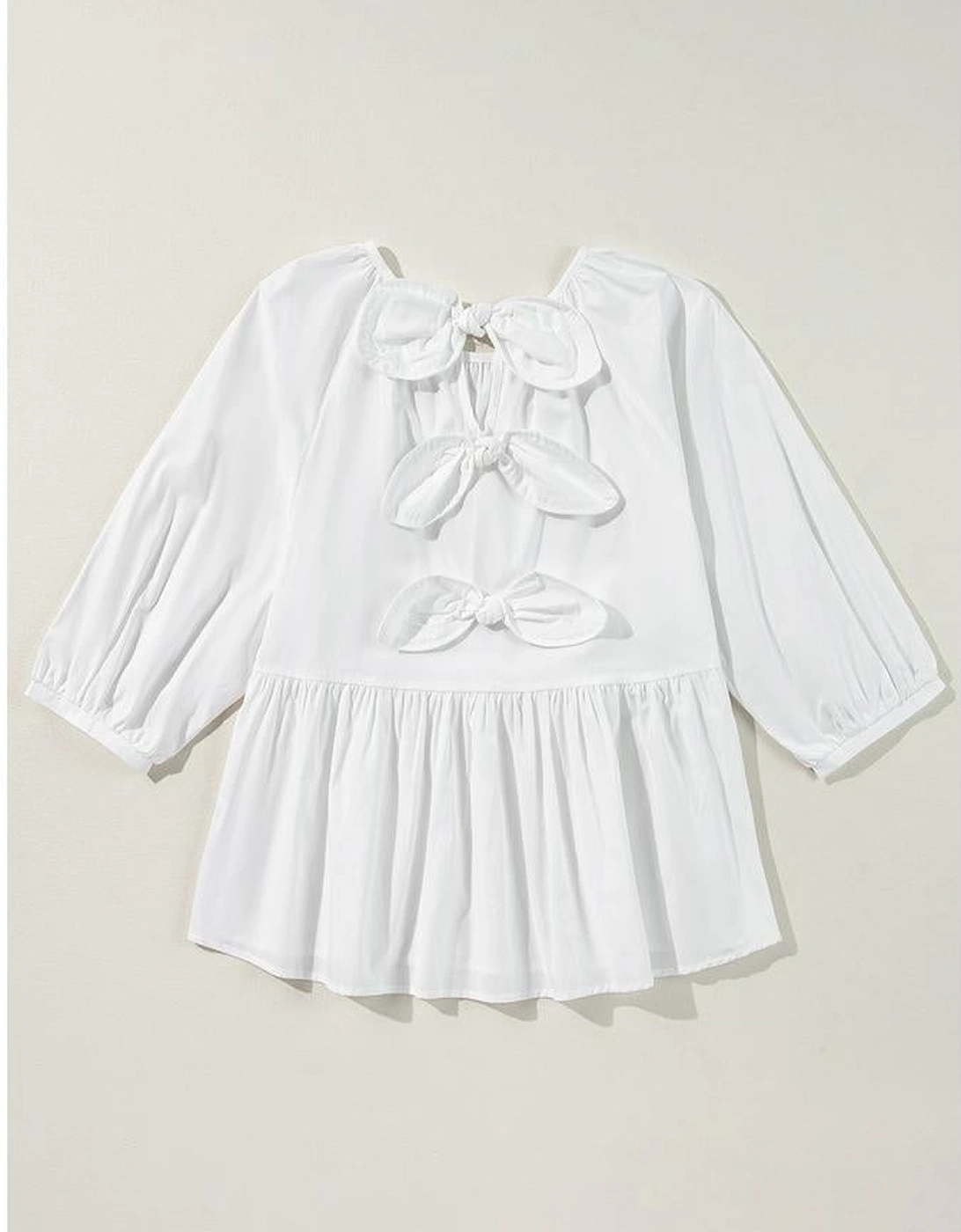 White Bow Knot Cutout Back Loose Fit 3/4 Sleeve Blouse