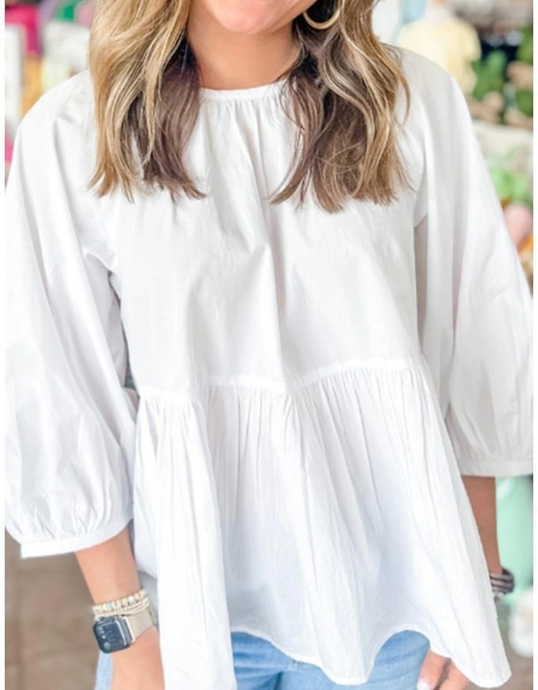 White Bow Knot Cutout Back Loose Fit 3/4 Sleeve Blouse