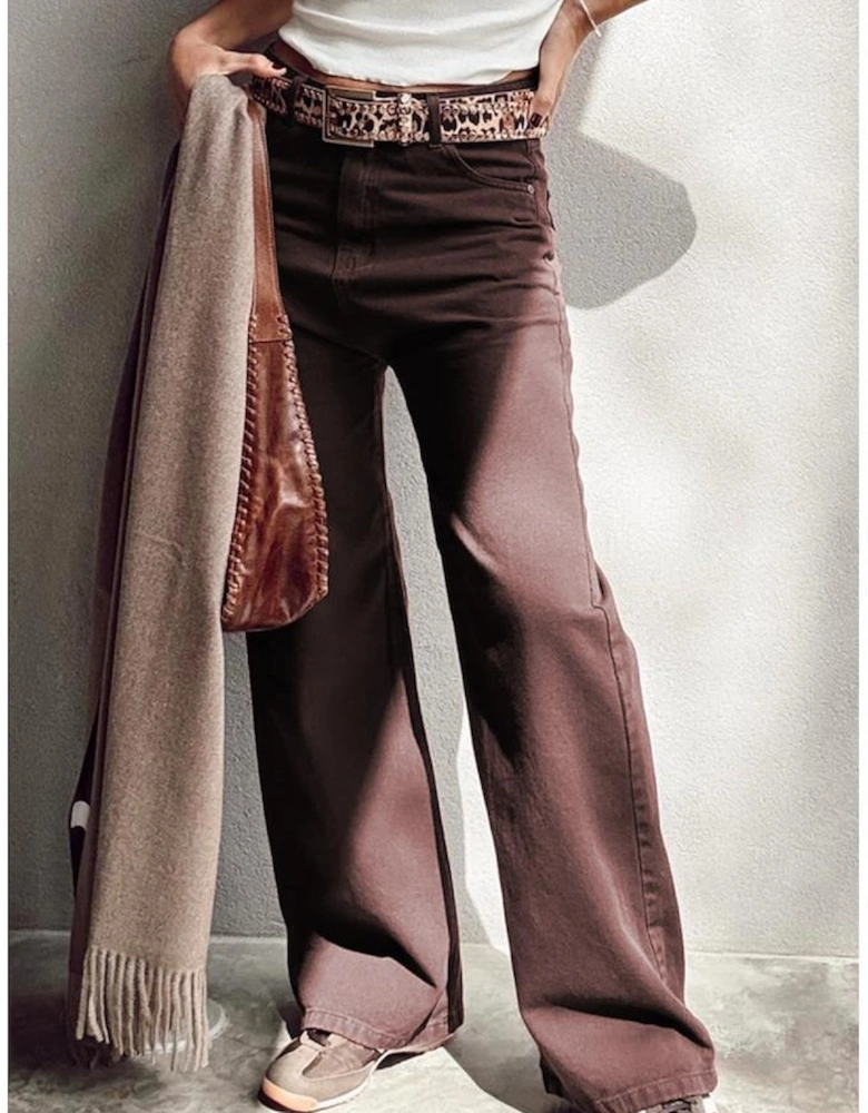 Coffee Loose Straight High Waist Solid Color Jeans