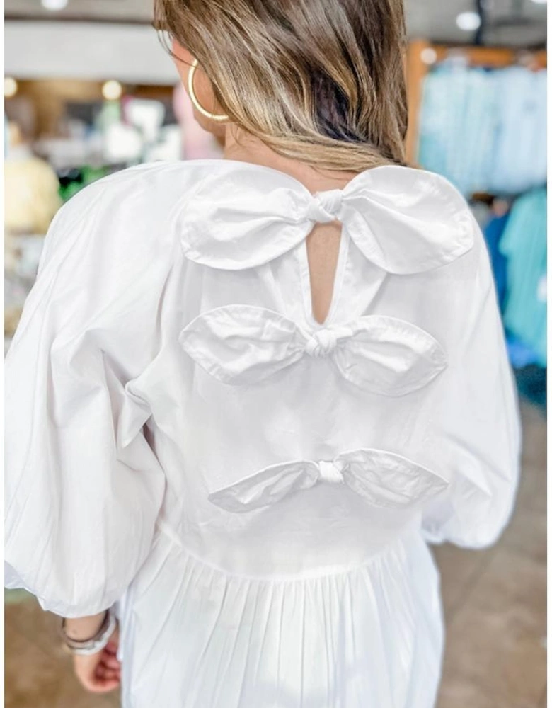 White Bow Knot Cutout Back Loose Fit 3/4 Sleeve Blouse