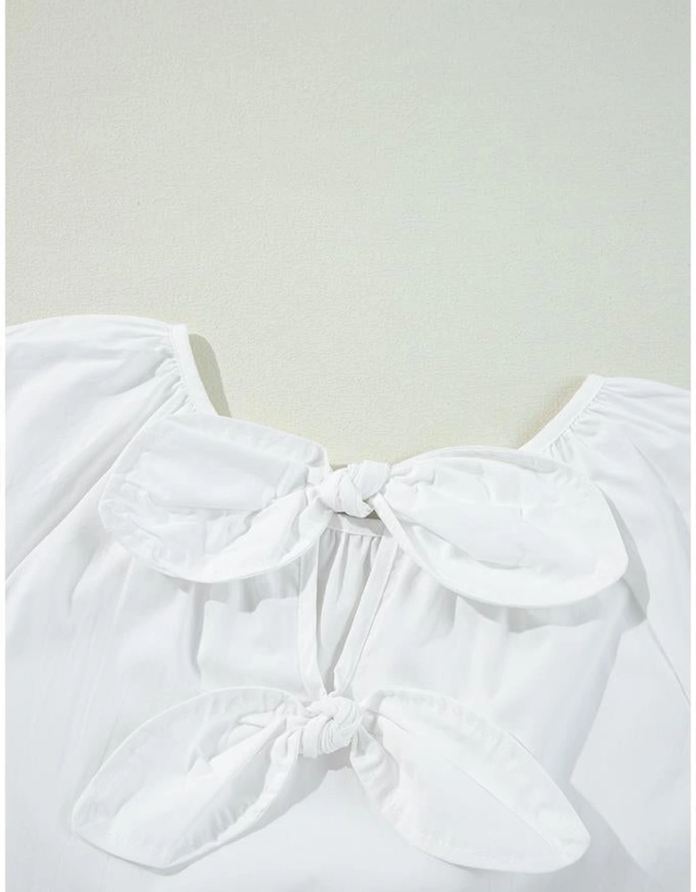 White Bow Knot Cutout Back Loose Fit 3/4 Sleeve Blouse