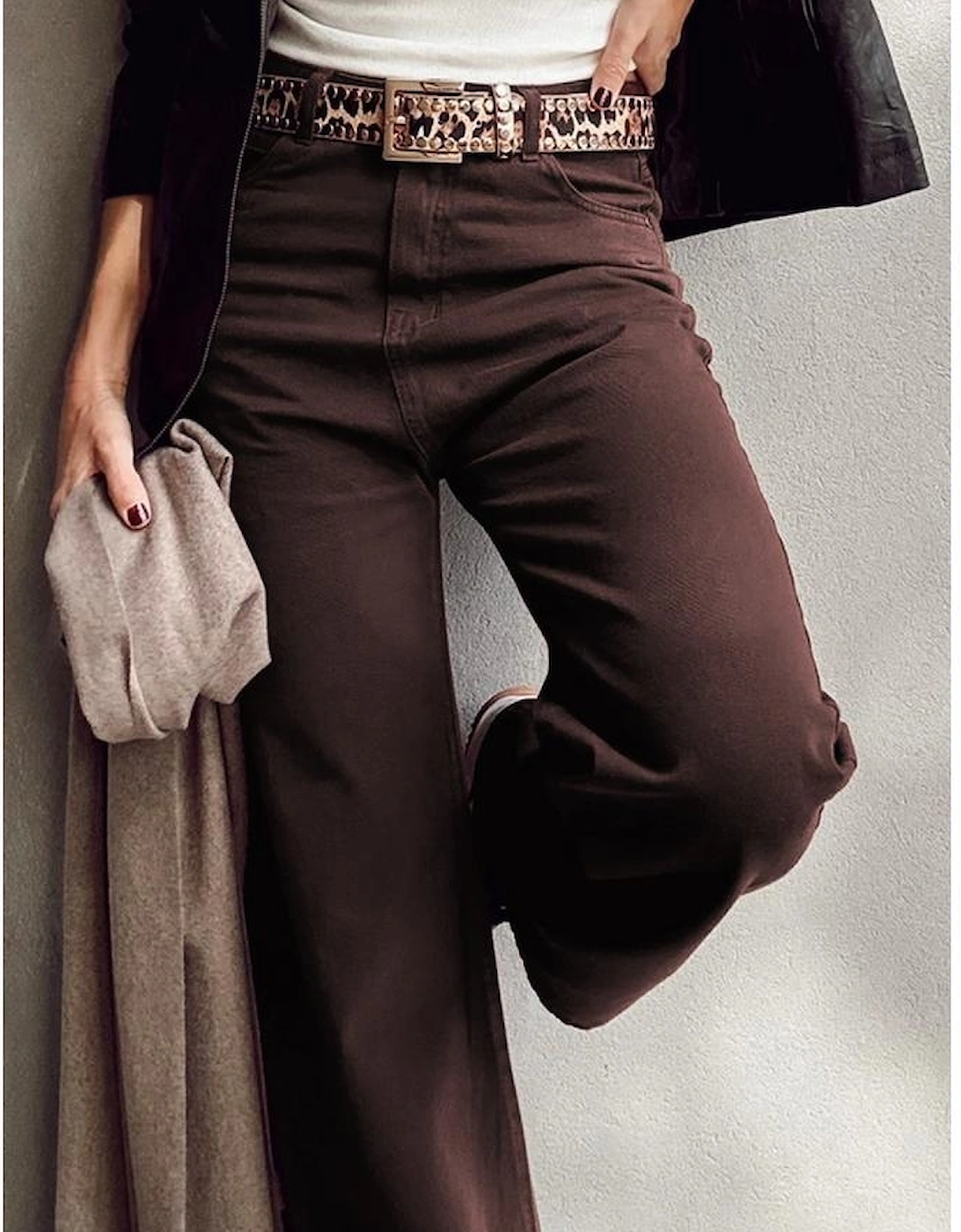 Coffee Loose Straight High Waist Solid Color Jeans