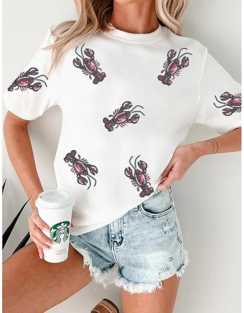 White Sequined Lobster Crewneck Tee