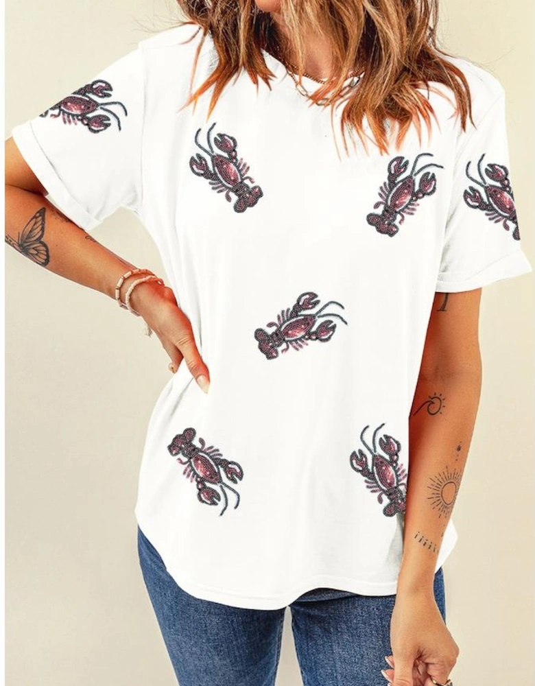White Sequined Lobster Crewneck Tee