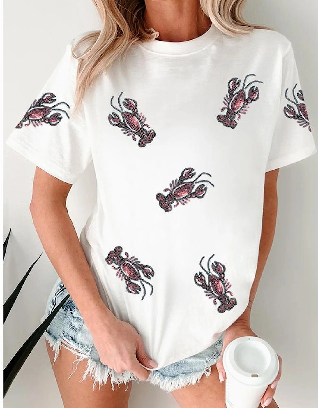 White Sequined Lobster Crewneck Tee