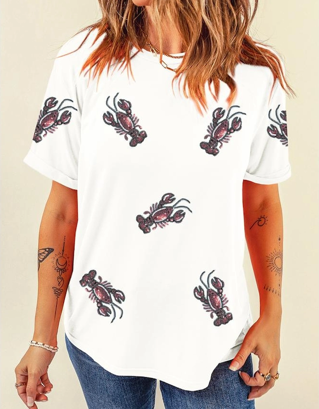 White Sequined Lobster Crewneck Tee
