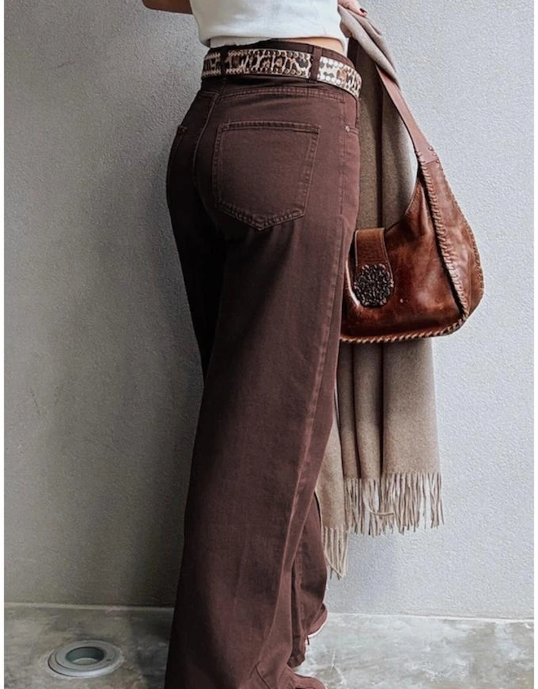 Coffee Loose Straight High Waist Solid Color Jeans