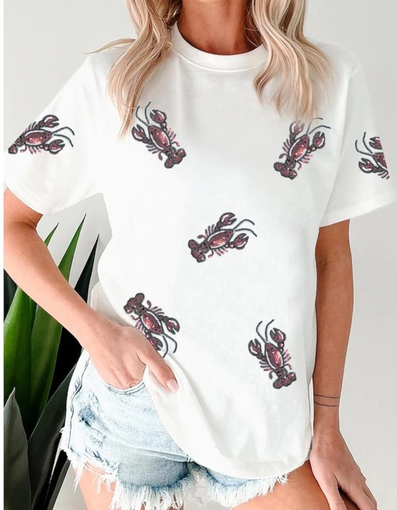 White Sequined Lobster Crewneck Tee