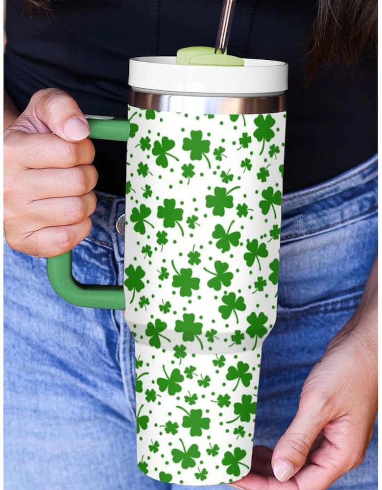Dark Green Clover Print Thermos Cup with Handle 1200ml