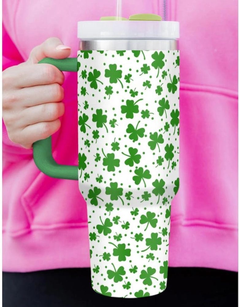 Dark Green Clover Print Thermos Cup with Handle 1200ml