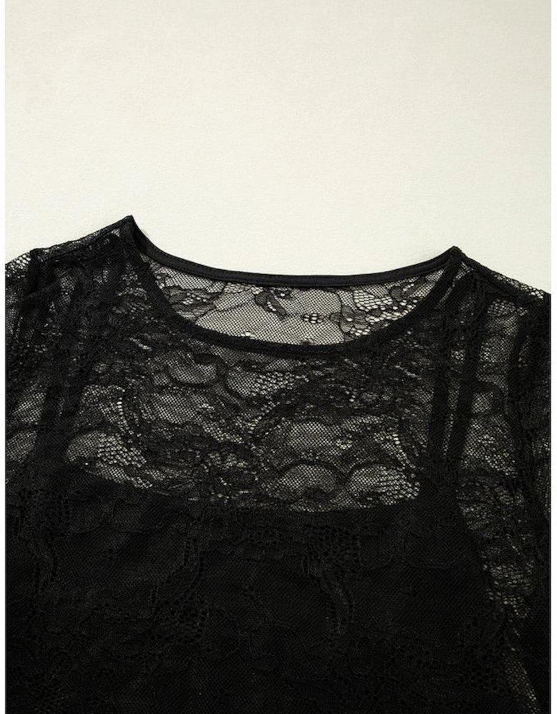 Black Lace Crochet Mesh Patched Slim Fit Long Sleeve Top