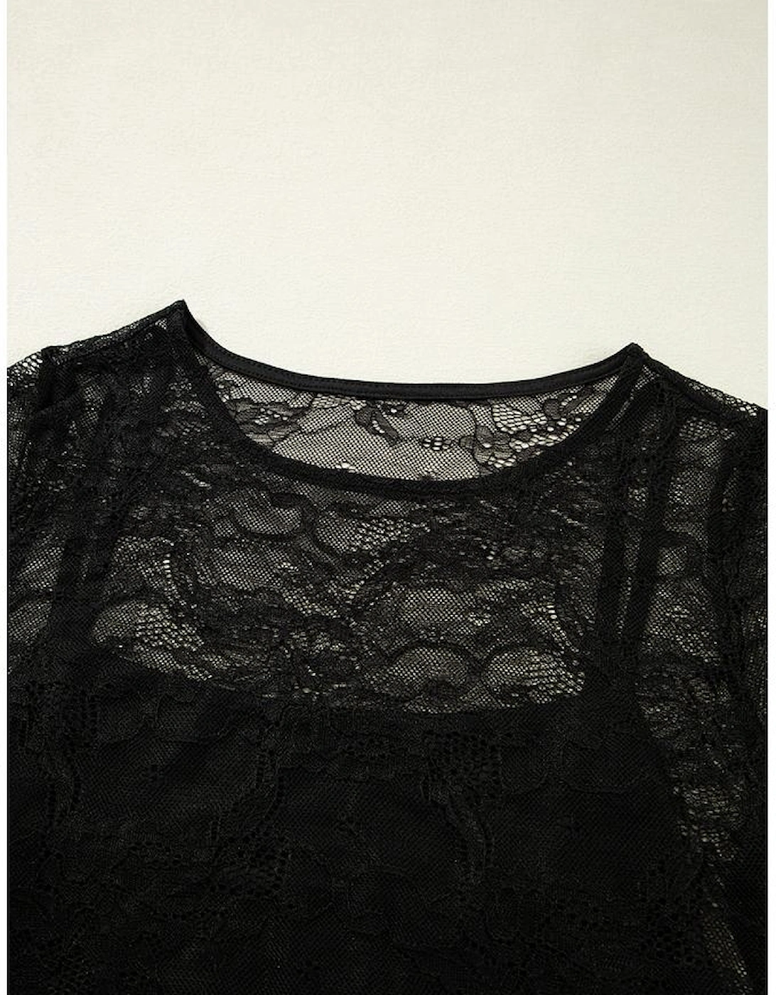 Black Lace Crochet Mesh Patched Slim Fit Long Sleeve Top