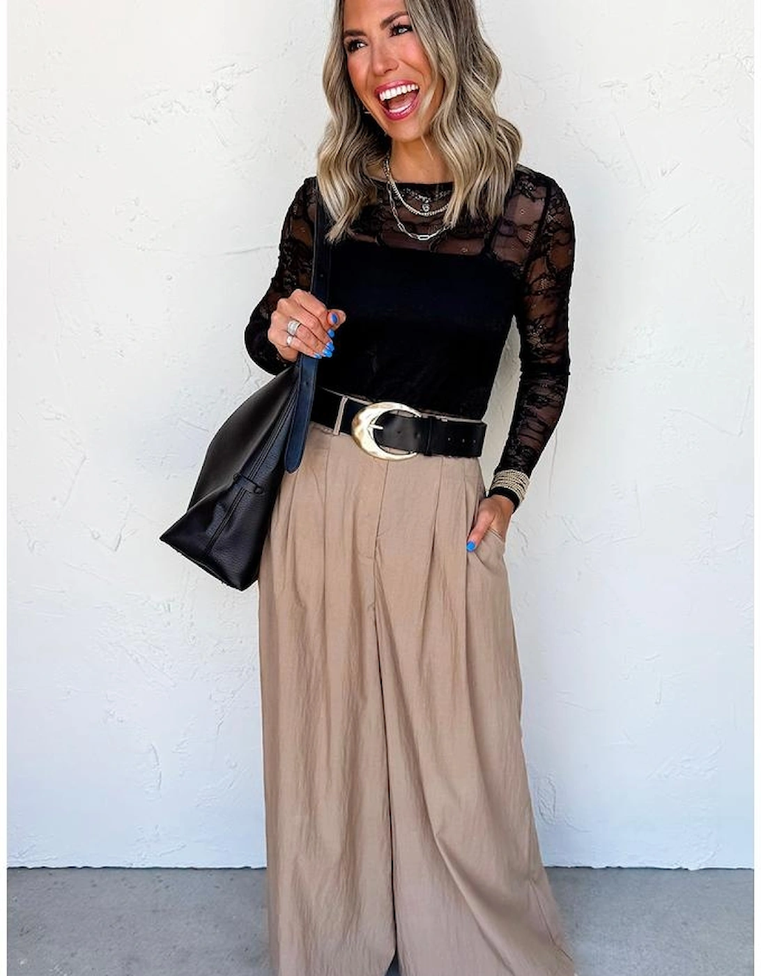 Black Lace Crochet Mesh Patched Slim Fit Long Sleeve Top