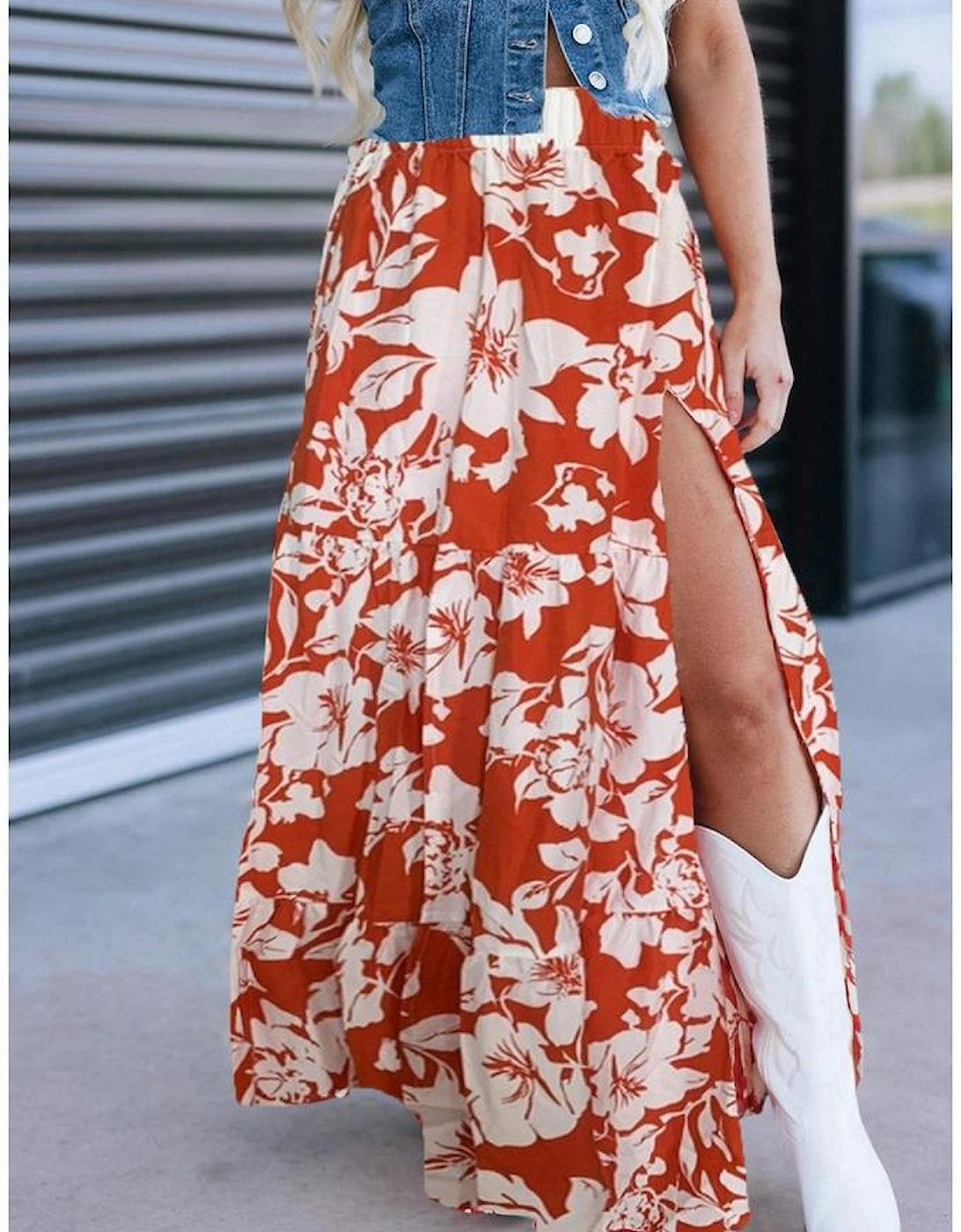 Red High Split Floral Western Cowgirl Maxi Skirt, 2 of 1