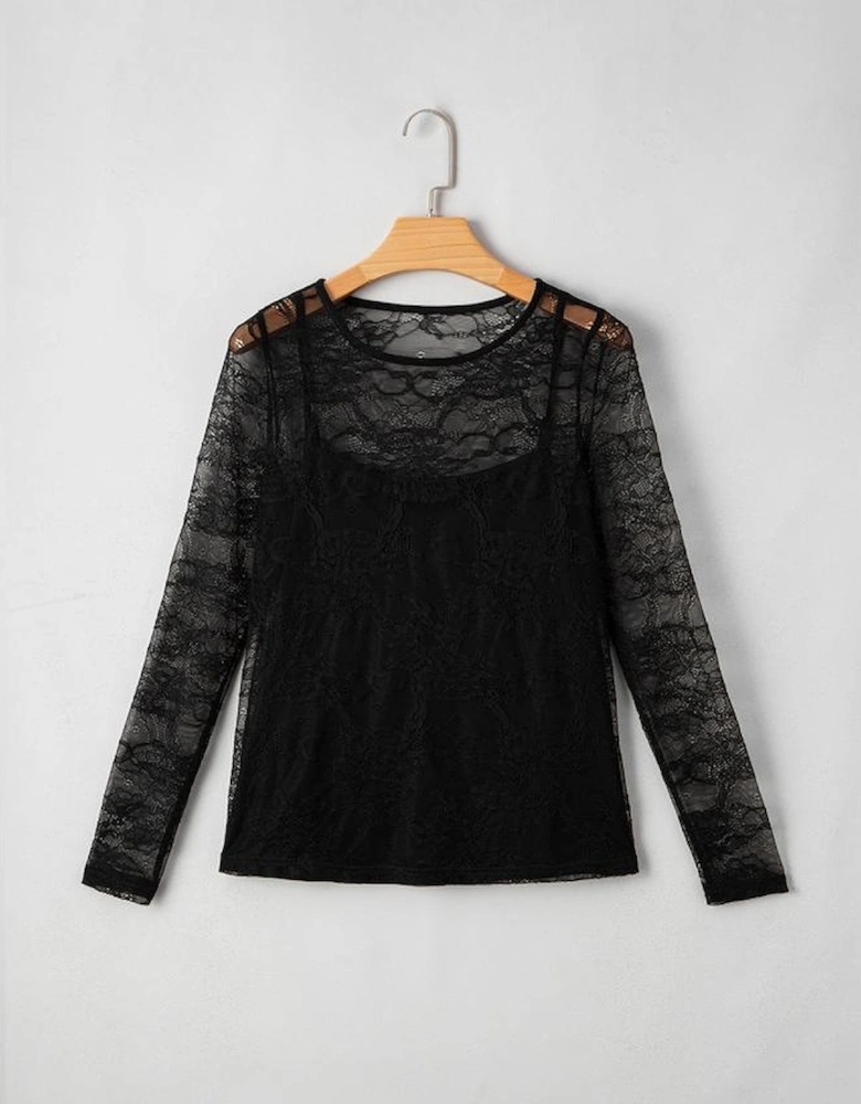 Black Lace Crochet Mesh Patched Slim Fit Long Sleeve Top