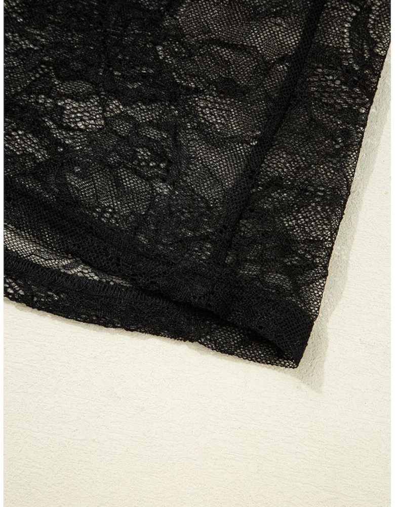 Black Lace Crochet Mesh Patched Slim Fit Long Sleeve Top