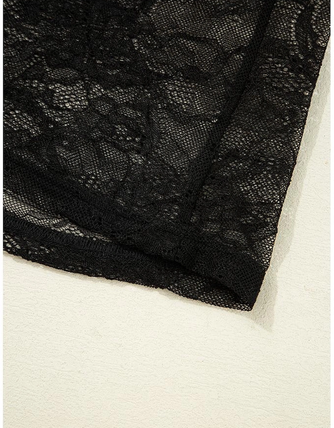 Black Lace Crochet Mesh Patched Slim Fit Long Sleeve Top