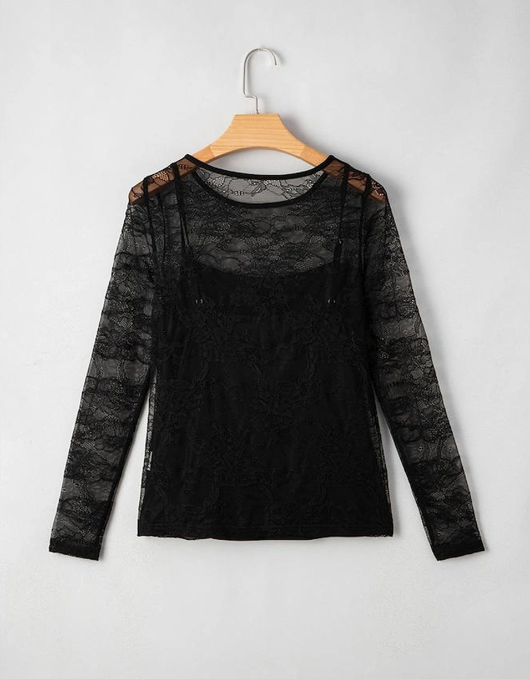 Black Lace Crochet Mesh Patched Slim Fit Long Sleeve Top