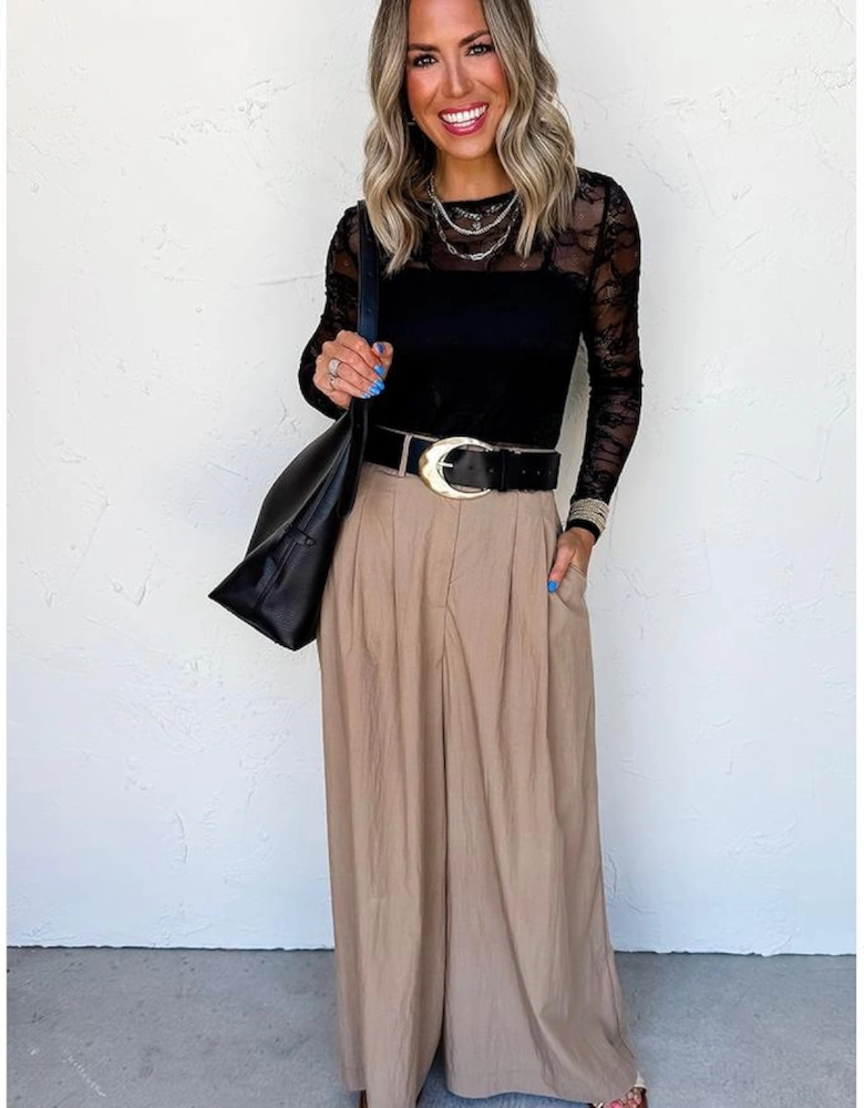 Black Lace Crochet Mesh Patched Slim Fit Long Sleeve Top