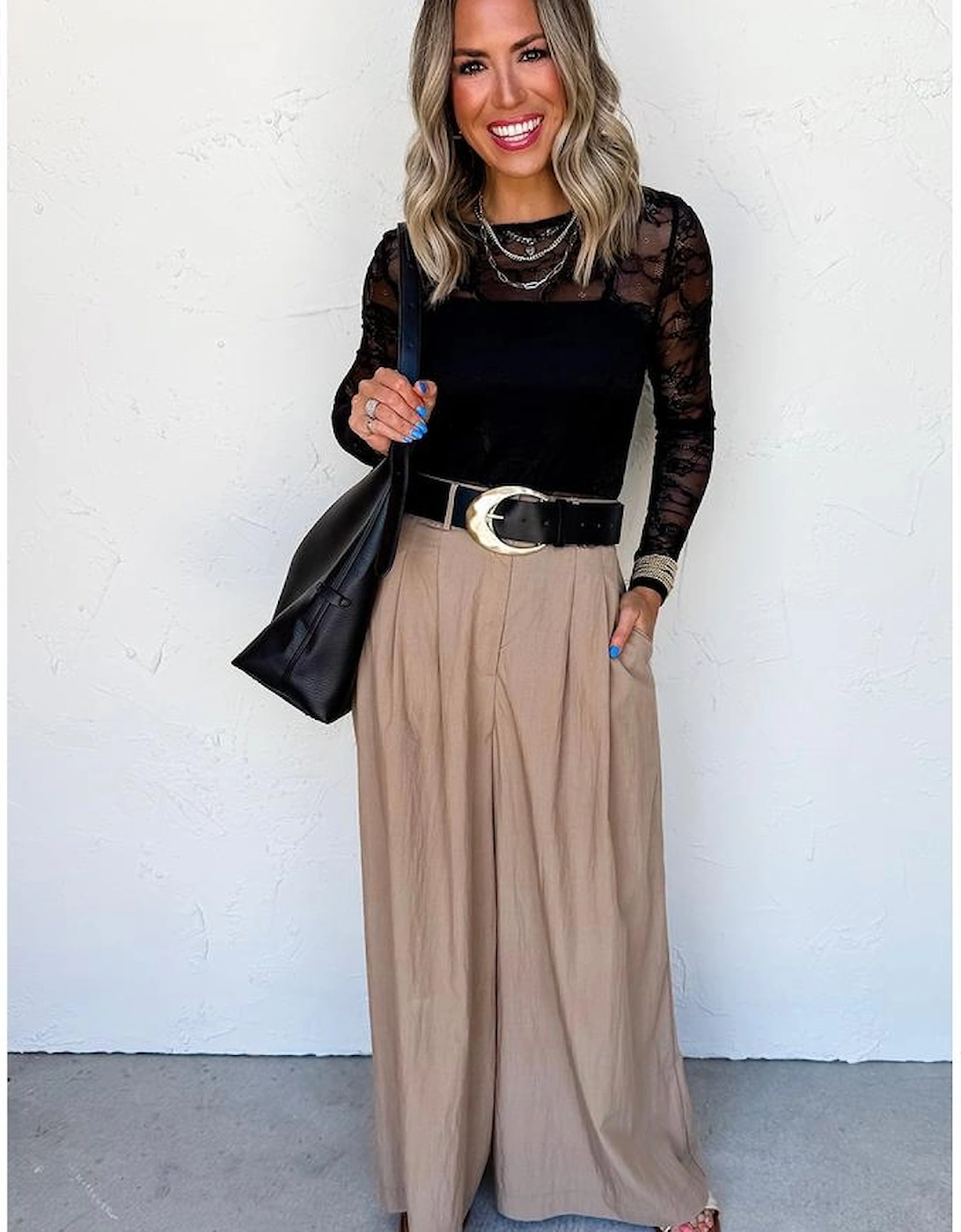 Black Lace Crochet Mesh Patched Slim Fit Long Sleeve Top