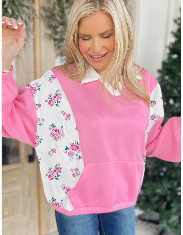 Bonbon Colorblock Polo Collar Floral Patchwork Puff Sleeve Top