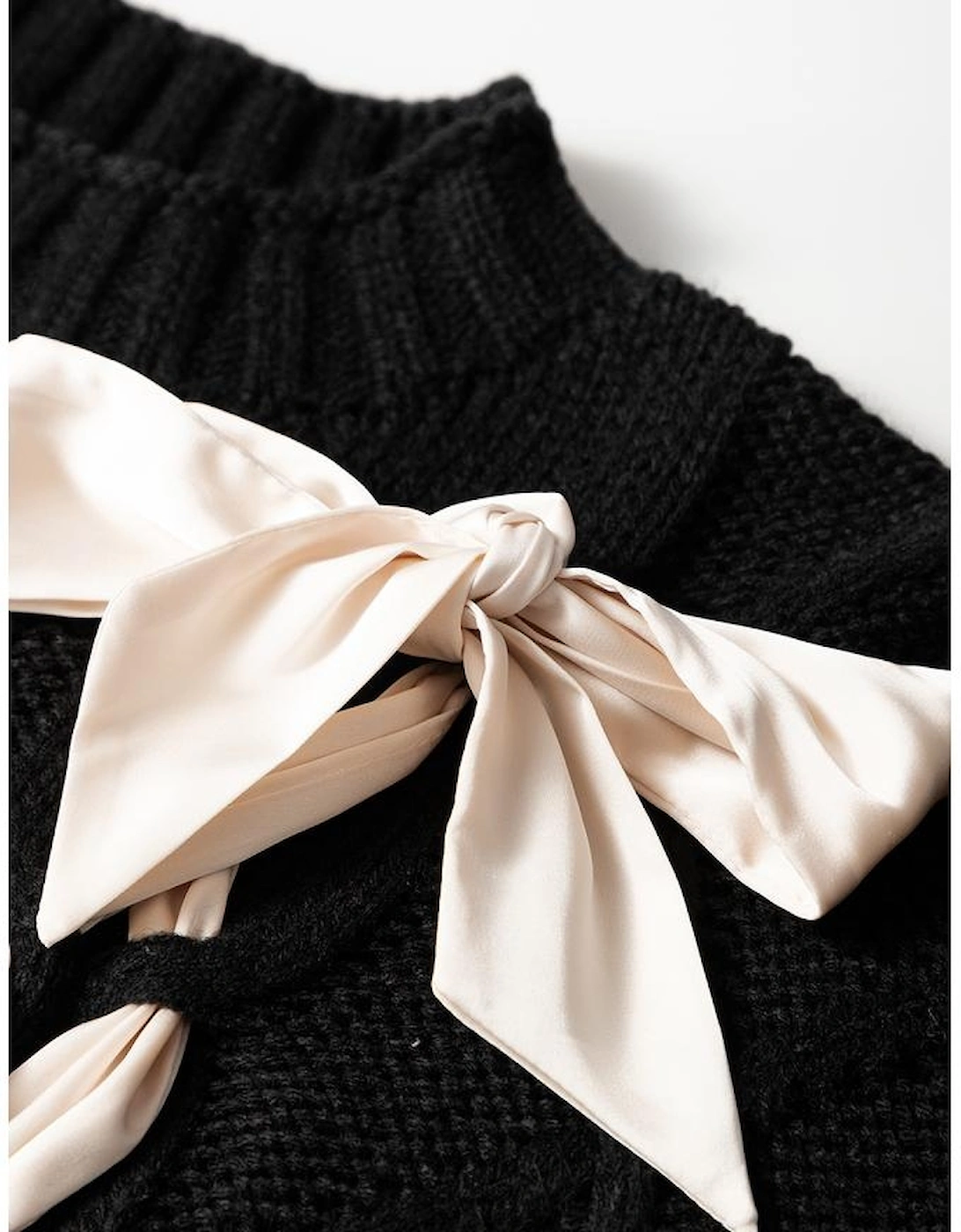 Black Cable Knit Colorblock Satin Bowknot Short Sleeve Sweater