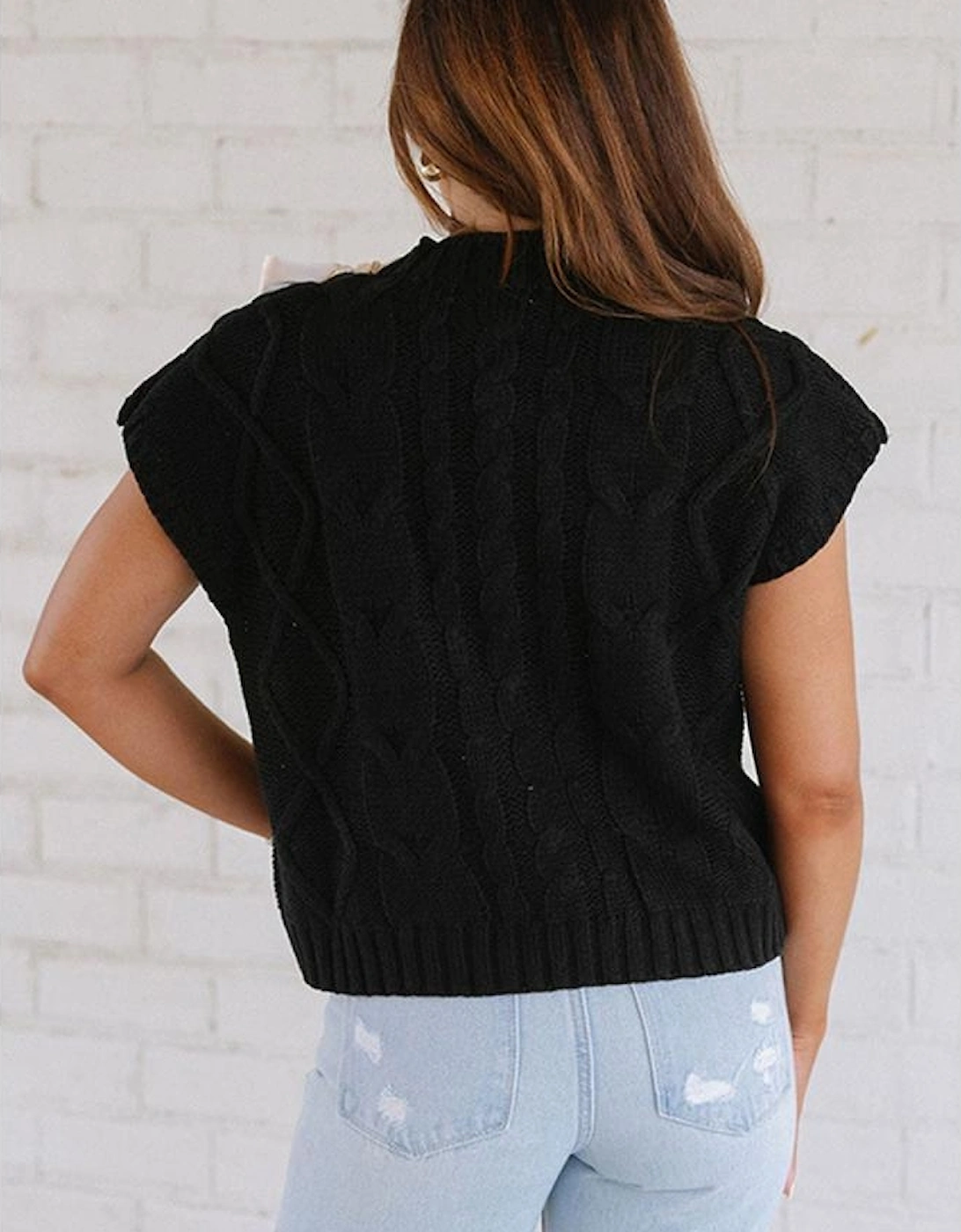 Black Cable Knit Colorblock Satin Bowknot Short Sleeve Sweater, 8 of 7