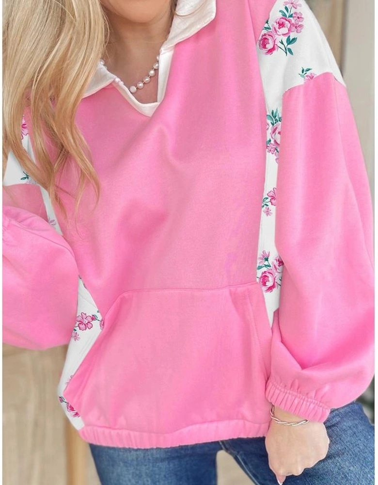 Bonbon Colorblock Polo Collar Floral Patchwork Puff Sleeve Top