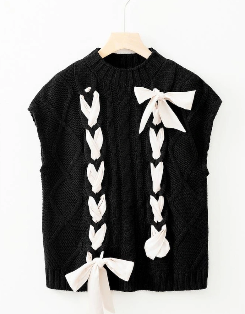 Black Cable Knit Colorblock Satin Bowknot Short Sleeve Sweater