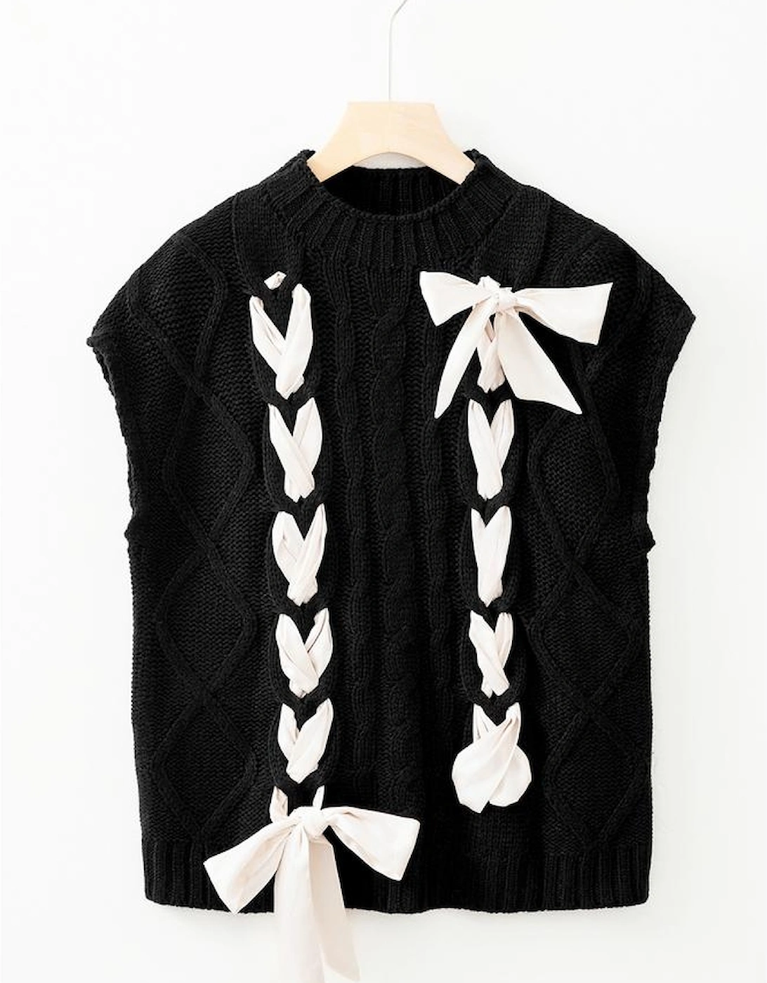 Black Cable Knit Colorblock Satin Bowknot Short Sleeve Sweater