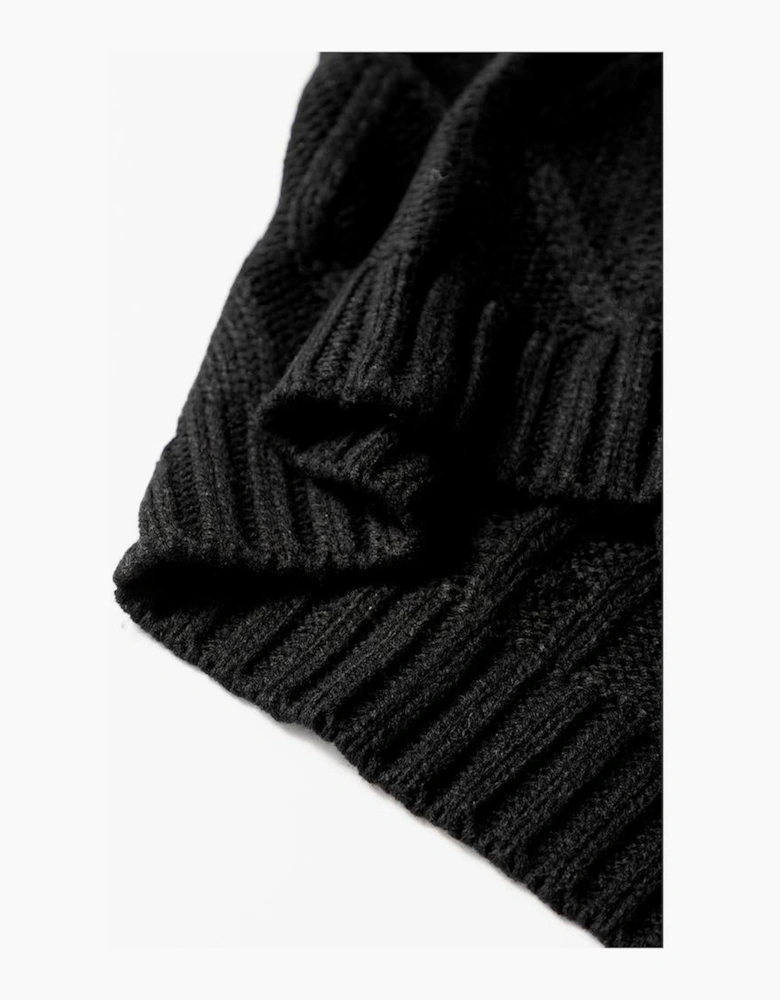 Black Cable Knit Colorblock Satin Bowknot Short Sleeve Sweater