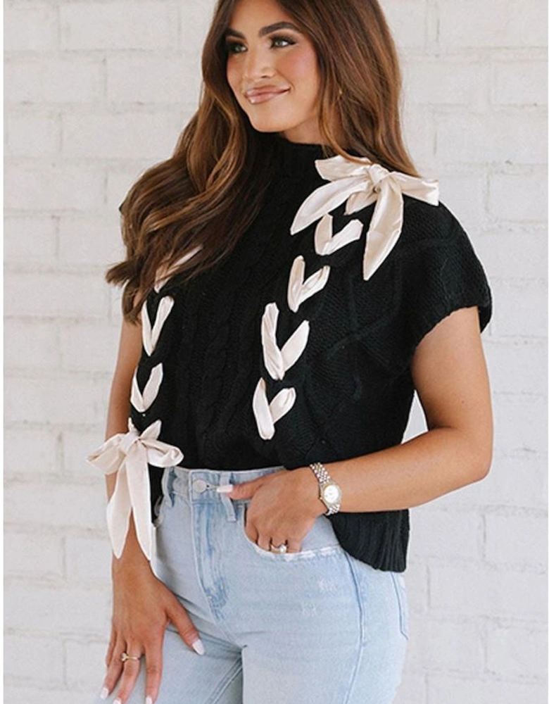 Black Cable Knit Colorblock Satin Bowknot Short Sleeve Sweater
