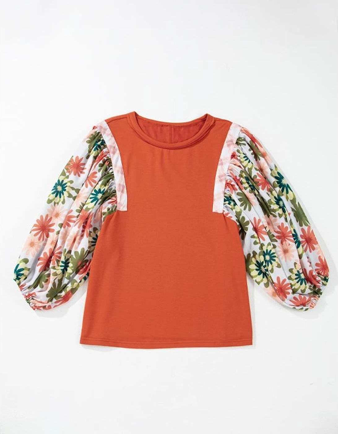 Desert Gold Floral Puff Sleeve Patchwork Round Neck Blouse