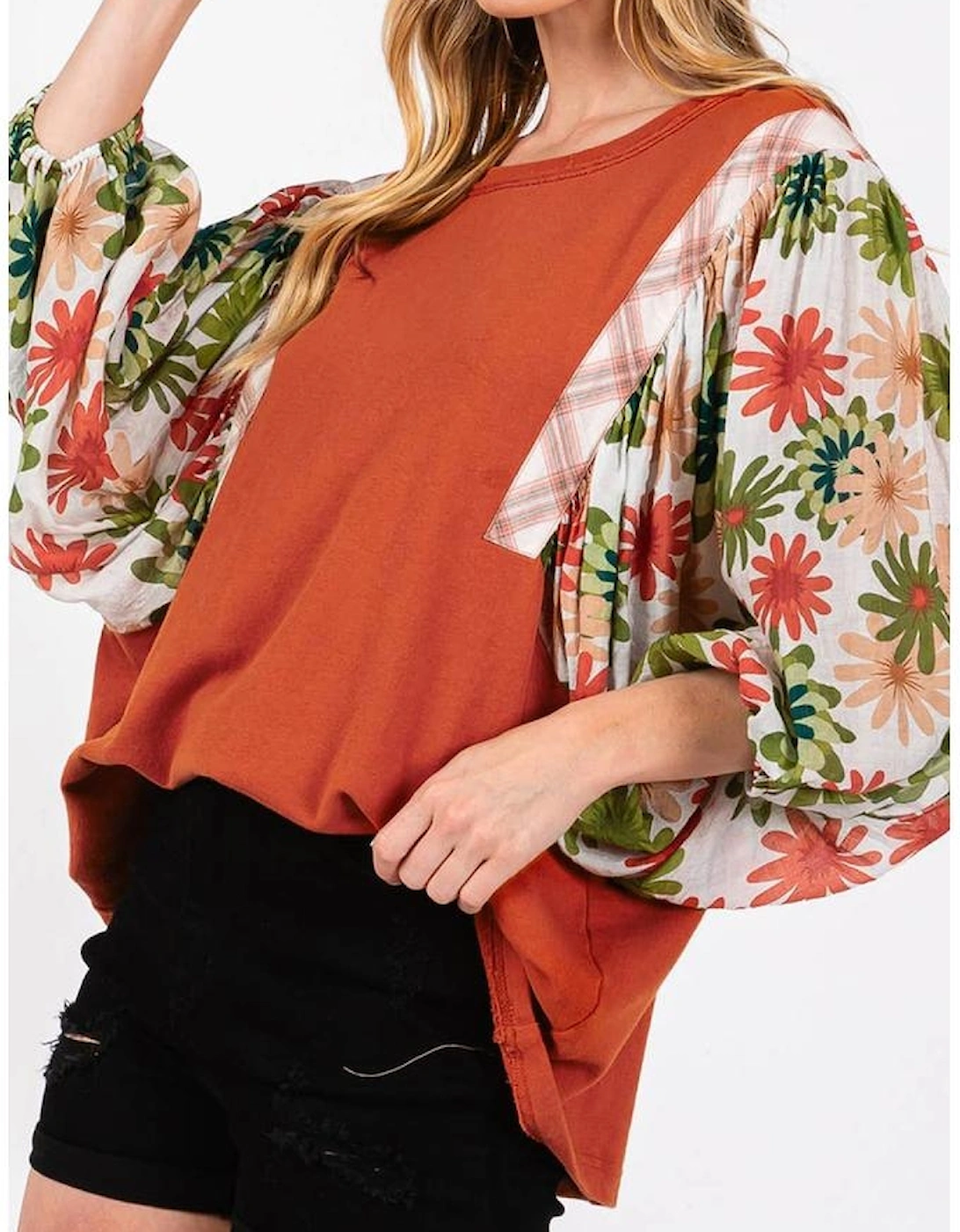 Desert Gold Floral Puff Sleeve Patchwork Round Neck Blouse