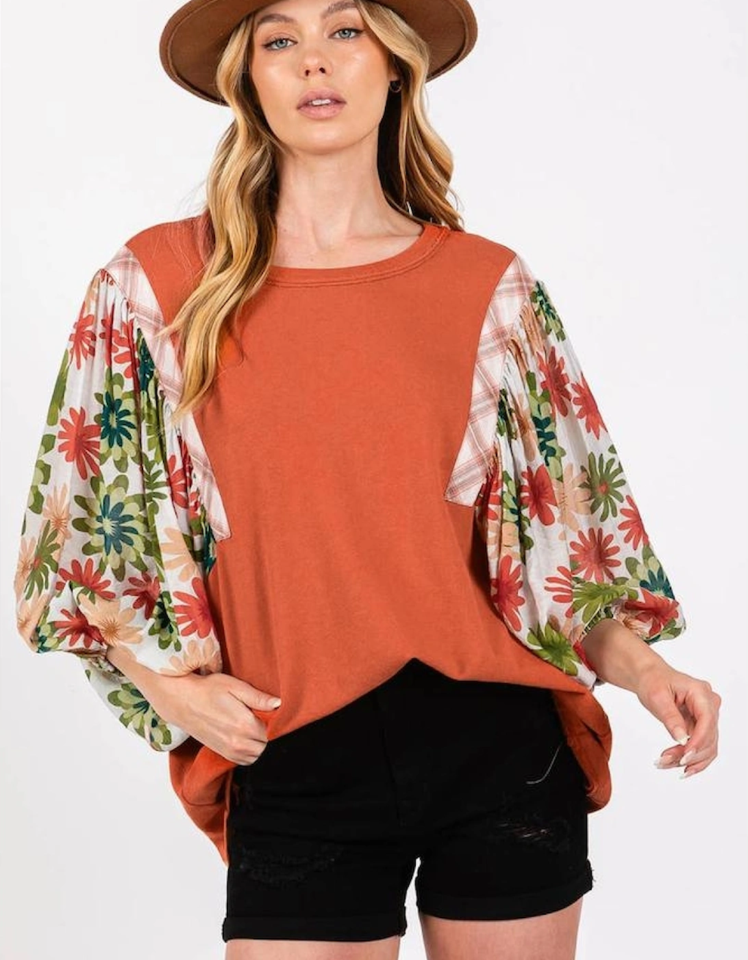 Desert Gold Floral Puff Sleeve Patchwork Round Neck Blouse
