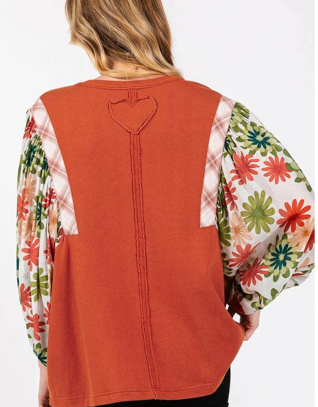 Desert Gold Floral Puff Sleeve Patchwork Round Neck Blouse