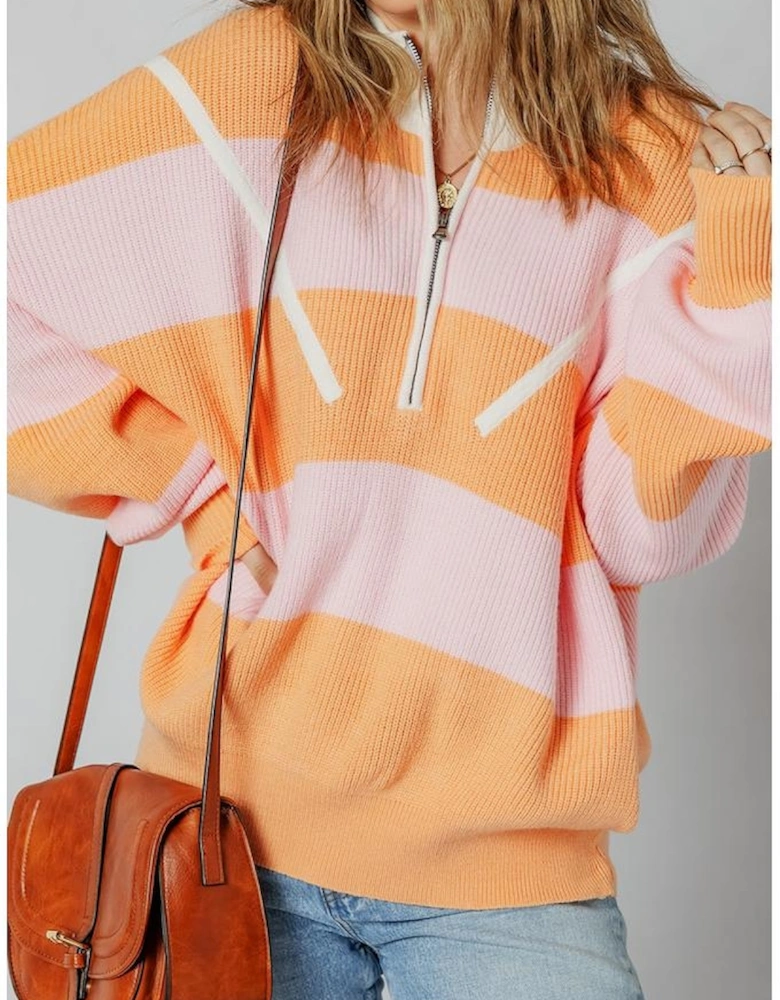 Orange Stripe Colorblock Half Zip Oversize Sweater