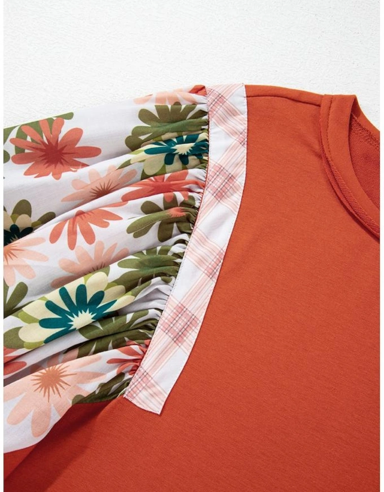 Desert Gold Floral Puff Sleeve Patchwork Round Neck Blouse