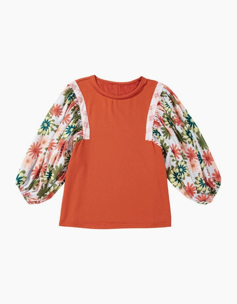 Desert Gold Floral Puff Sleeve Patchwork Round Neck Blouse
