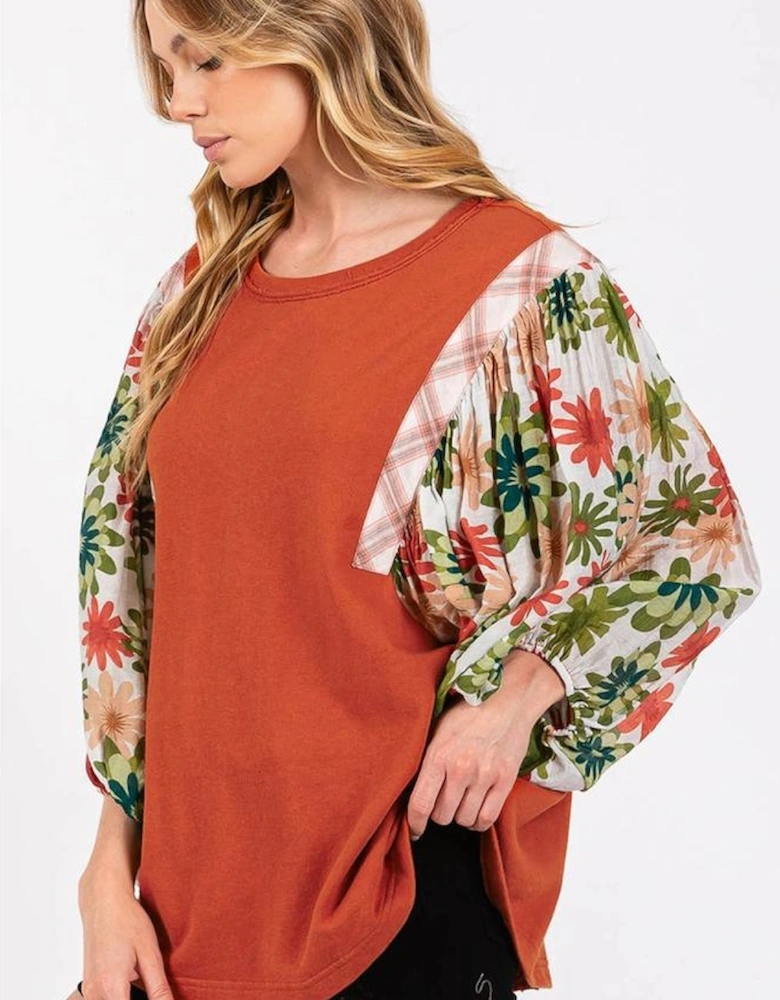 Desert Gold Floral Puff Sleeve Patchwork Round Neck Blouse