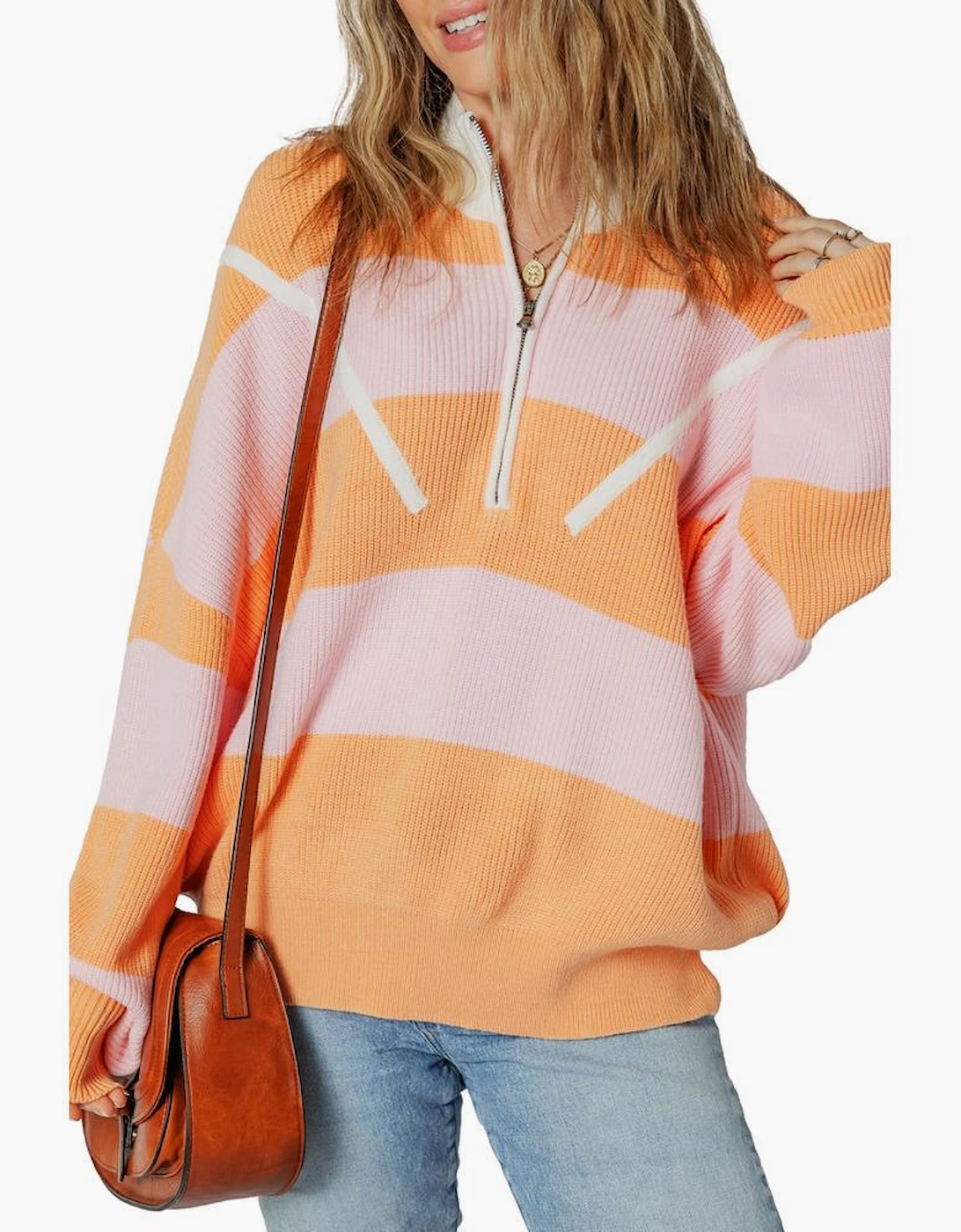 Orange Stripe Colorblock Half Zip Oversize Sweater