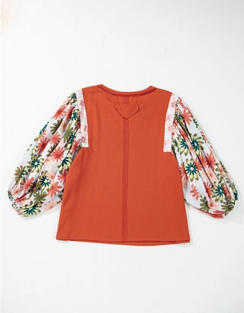 Desert Gold Floral Puff Sleeve Patchwork Round Neck Blouse