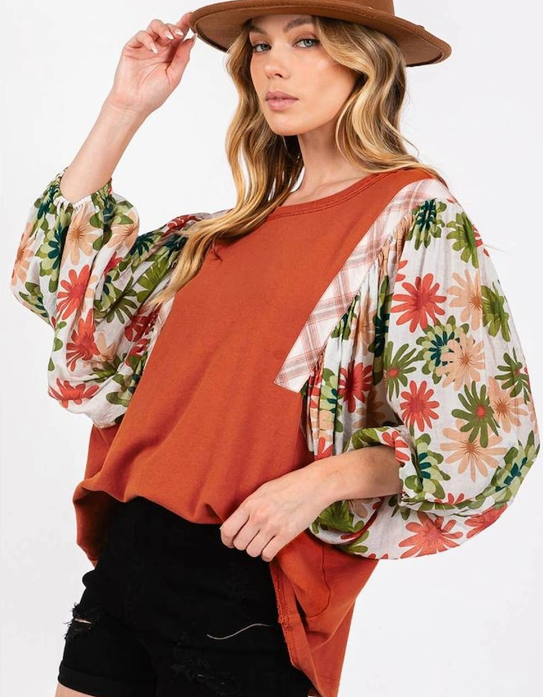 Desert Gold Floral Puff Sleeve Patchwork Round Neck Blouse