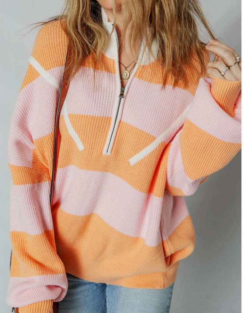 Orange Stripe Colorblock Half Zip Oversize Sweater