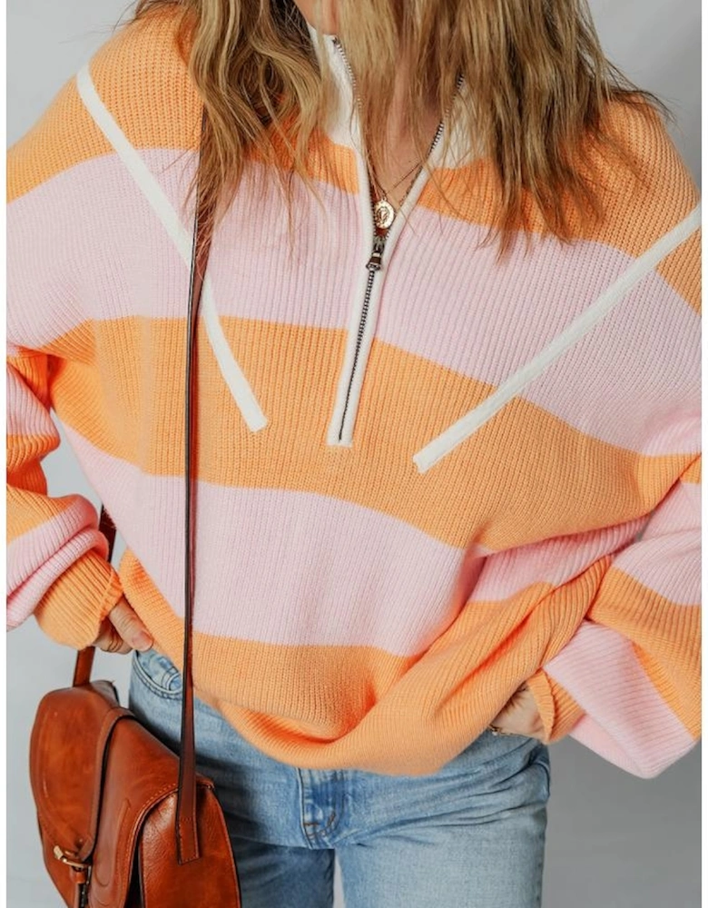 Orange Stripe Colorblock Half Zip Oversize Sweater