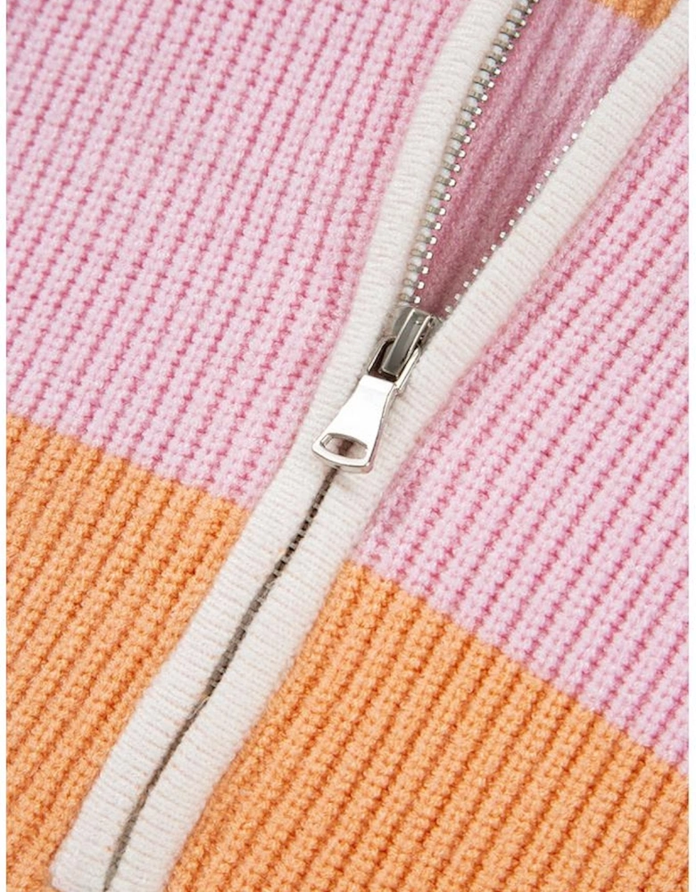 Orange Stripe Colorblock Half Zip Oversize Sweater