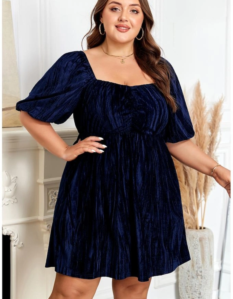Navy Blue Velvet Ruched Bust Square Neck Short Puff Sleeve Plus Dress